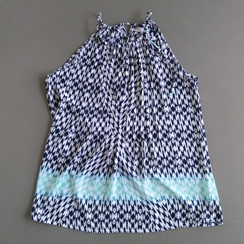 New York & Company Blue and Teal Geometric Pattern Halter Top Blouse